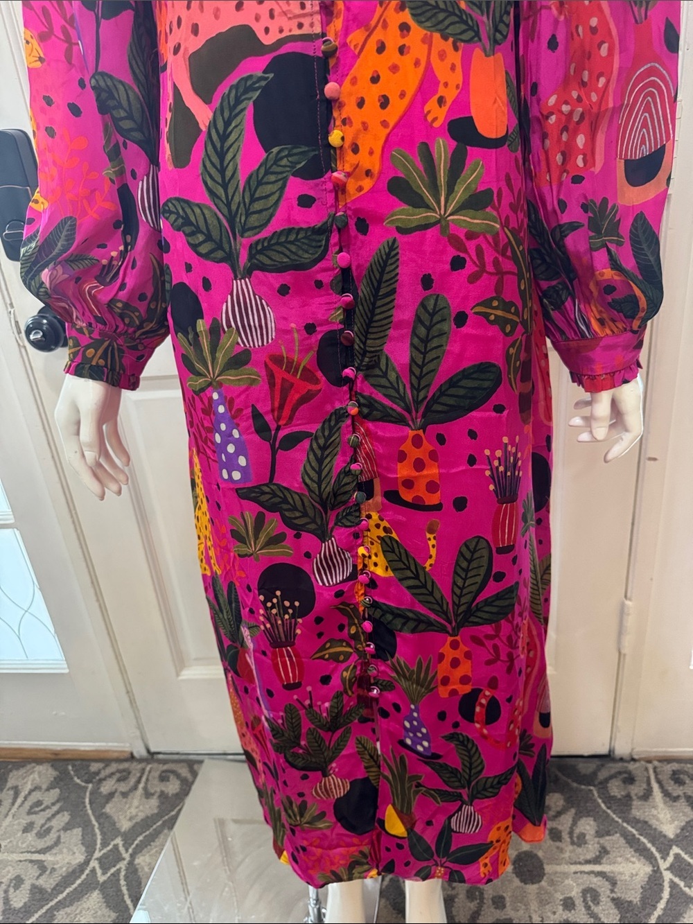 Farm Rio Jungle Print Maxi Dress Womens Pink Leopard Monkey Long Sleeve Sz S - Picture 6 of 16